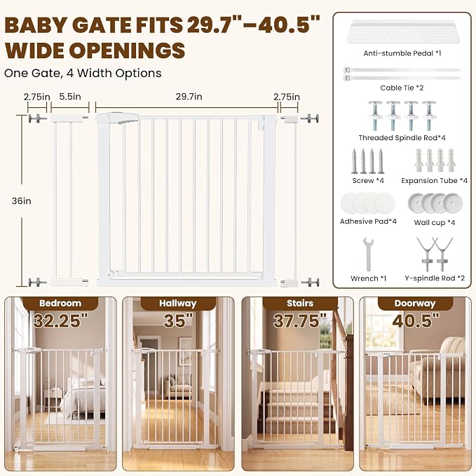 Mumeasy 36" Extra Tall Dog Gate,29.7"-40.5" Baby Gate for Stairs & Doorways | Pressure Mounted Toddler & Pet Safety Gate, Double Lock, Auto Close Walk Thru Door for Kitchen, House, Indoor, Outdoor, White