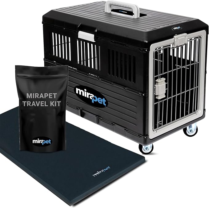 Pet Carrier with Pad, 26.4" Lx15.3 Wx18.8 H - Collapsible Travel Kit for Medium Cats & Dogs, Hard Plastic Wall Kennel for Indoor/Outdoor Use