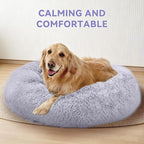 Large Calming Dog Bed for Large Dogs, Ultra Soft Fluffy Anti Anxiety Pet Bed, Plush Round Washable Donut Dog Bed with Raised Rim for Golden Retriever, Husky, Labrador & Indoor(Light Grey, 36 Inch)