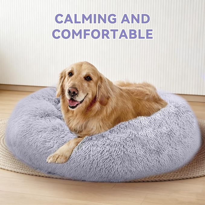 Calming Donut Dog Bed for Medium Dogs, Ultra Soft Fluffy Anti Anxiety Pet Bed, Plush Round Washable Dog Bed with Raised Rim for Corgi, French Bulldog, Shiba Inu & Indoor Pets (Light Grey, 28 Inch)