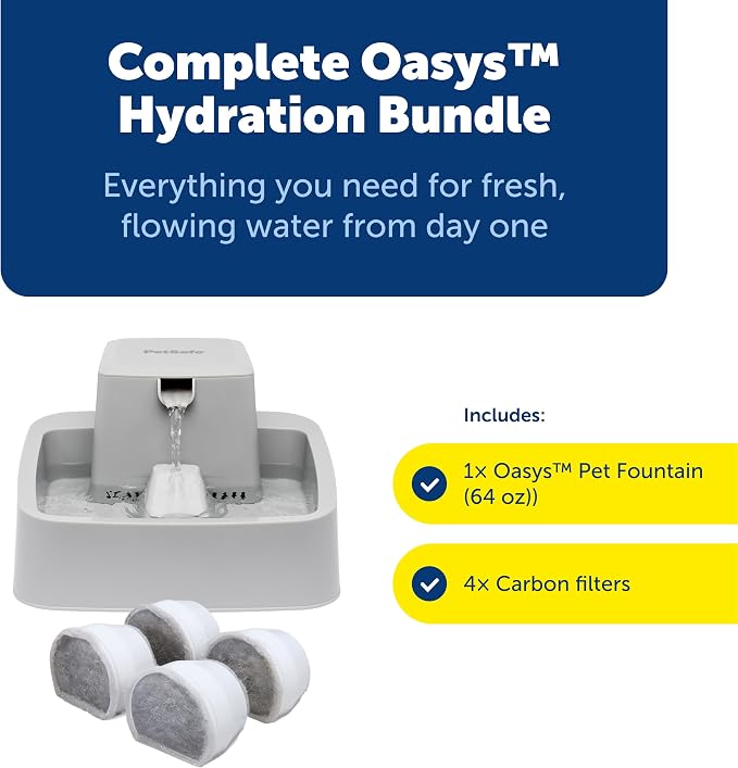 PetSafe Oasys Pet Fountain, 1/2 Gallon, Cats & Small Dogs, 4-Pack Filters | Adjustable Flow Control, Open Bowl, Whisker-Friendly Tray, Replaceable Carbon & Foam Filters Included