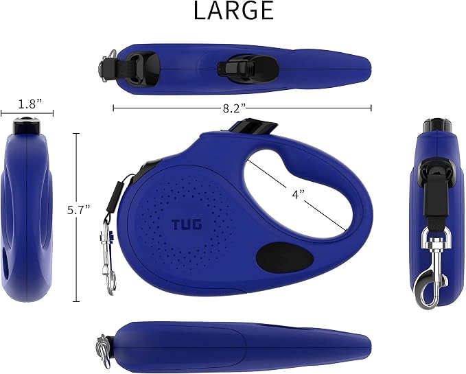 TUG Oval 360° Tangle-Free Retractable Dog Leash with Integrated Waste Bag Dispenser (Large, Blue)