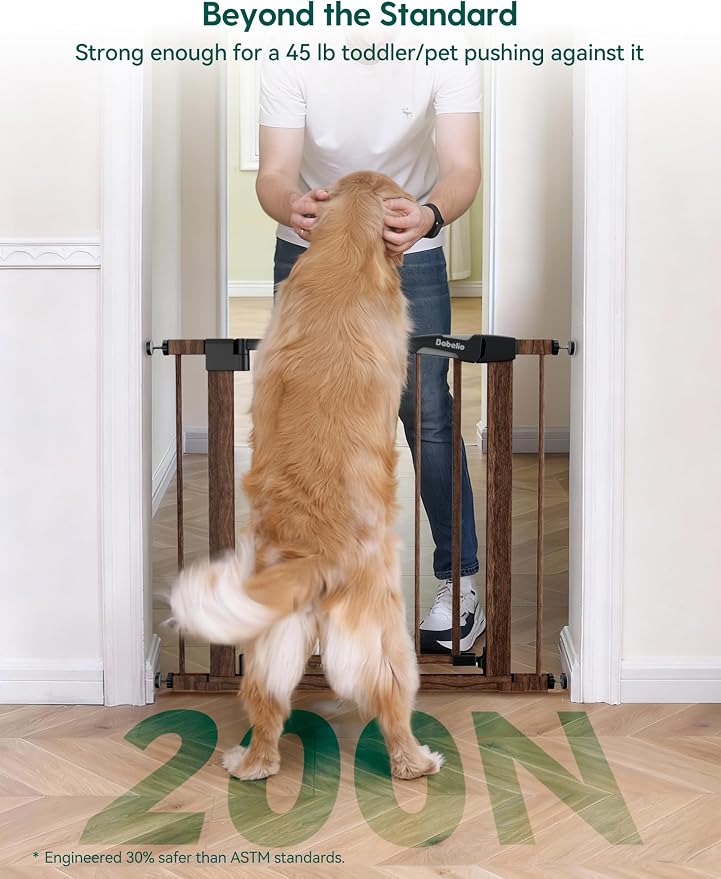 Babelio Pressure Mounted Baby Gate for Stairs, 26-40" Wide Dog Gate Indoor | Triple-lock system; Auto-close; 200N impact tested; Easy install for Doorways, Kitchen, Hallway, Black Wood Pattern