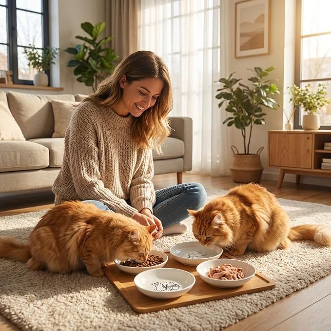Non-Slip Cat Food Bowls, 6 Pack Whisker-Friendly Ceramic Bowls | 5.6-Inch Wide Shallow Bowl, Silicone Base, Food-Safe Ceramic, Dishwasher & Microwave Safe, Easy Clean