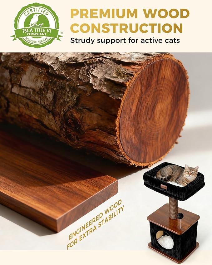 Nordic Loft Cat Tree, Compact 30" Walnut Wood Tower for Kittens | Walnut Wood Finish, Soft Padded Perch, Sisal Scratching Post, Cozy Hideaway Condo, Floor-Mounted Stable Base, Indoor Use