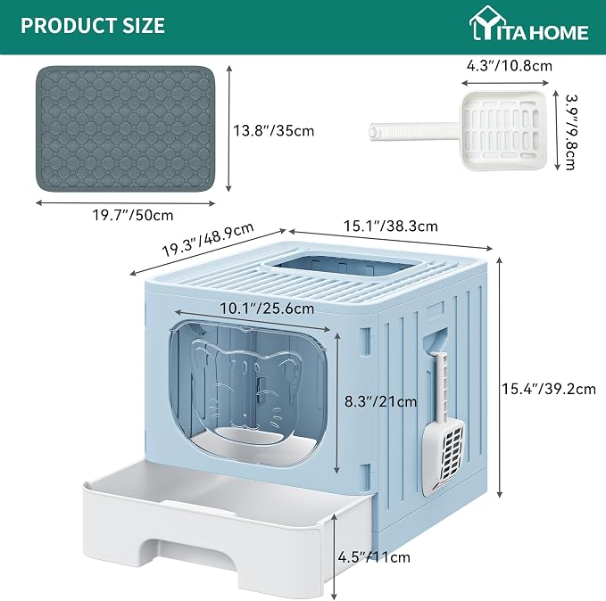 YITAHOME Large Enclosed Cat Litter Box w/Mat Scoop Blue Litter Box with Lid | Anti-Splash Kitty Litter Box with Lid & Pull-out Tray for Odor Control & Easy Cleaning, Front Entry Top Exit, Quick Assembly