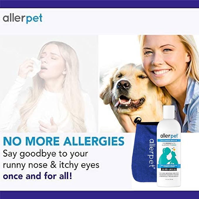 Allerpet Dog Dander Remover w/Free Applicator Mitt - Pet Dander Remover for Allergens - for Canine Dry Skin Treatment - Good for Fur & Skin - (12oz)
