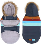 HDE Dog Puffer Jacket Fleece Lined Warm Dog Parka Winter Coat with Harness Hole Navy Retro Stripe - XXL