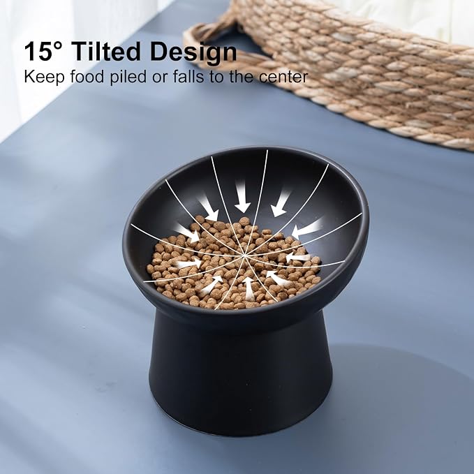 YauYik Ceramic Elevated Cat Bowls - 15°Tilted Cat Food Bowls for Indoor Cats, Whisker Fatigue Relief Shallow Cat Bowl, Anti Vomiting Raised Cat Feeding Bowls,8 Ounces, Black, 2 Pack