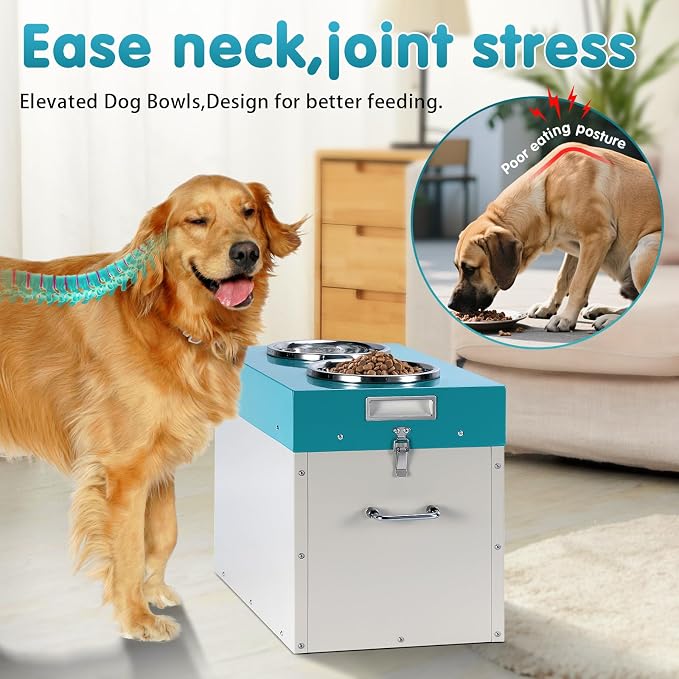 Elevated Dog Bowls with Storage Large 2-in-1 Pet Food Storage Raised Bowl | 15"H Galvanized Steel Raised Bowl for Dogs Holds Up To 45 Lbs 2 Removable Stainless Steel Bowls for Medium & Large Dogs