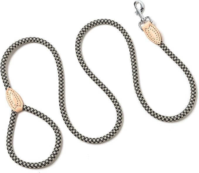 Mile High Life Dog Leash with Genuine Leather Connection, 4/5/6 FT | Rope Leash, Heavy Duty 360° Swivel Metal Clasp, for Small Medium & Large Dogs Walking (Black Khaki, 72 Inch-1/2)