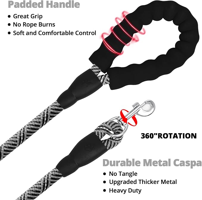Long Dog Leash 10 FT: Heavy Duty Rope Leashes for Dogs Training with Swivel Lockable Hook Reflective Threads Bungee and Padded Handle - Dog Lead for Large Small Medium Dogs Outside Walking Hiking Grey