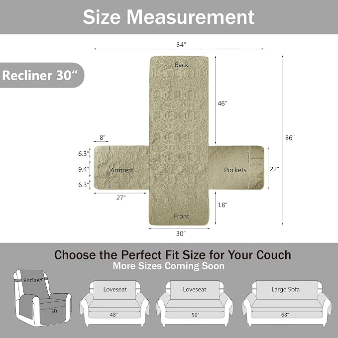 Quilted Recliner Chair Covers, Soft Lazy Boy Chair Covers, Water-Repellent Large Recliner Covers, Pet Friendly Chair Cover for Dogs, Washable Furniture Sofa Cover (Recliner 30", Sage Green)