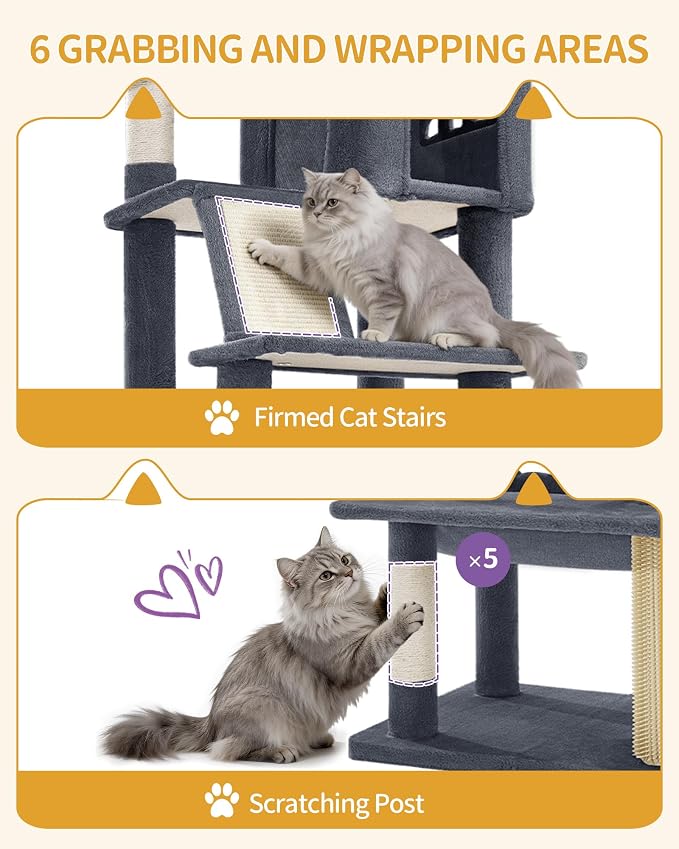 Hzuaneri Big Cat Tree, 75 Inch Tall Multi-Level Cat Tower, Indoor Larger Cat Condo Furniture with 5 Scratching Post, 2 Hanging Basket, 2 Condo, 2 Large Platform, Pet Play House, Dark Grey MS19018SG | Cat Condo Furniture with 5 Scratching Post, 2 Hangin...