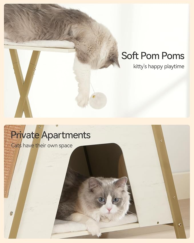 FourFurPets 72.4" Cat Tree, Modern Cat Tower for Indoor Cats, Multi-Level Cat Condo with Caves, Tall Cat Tree with Cat Scratching Board, Wooden Cat Tower with Large Perch, Removable Pads, White