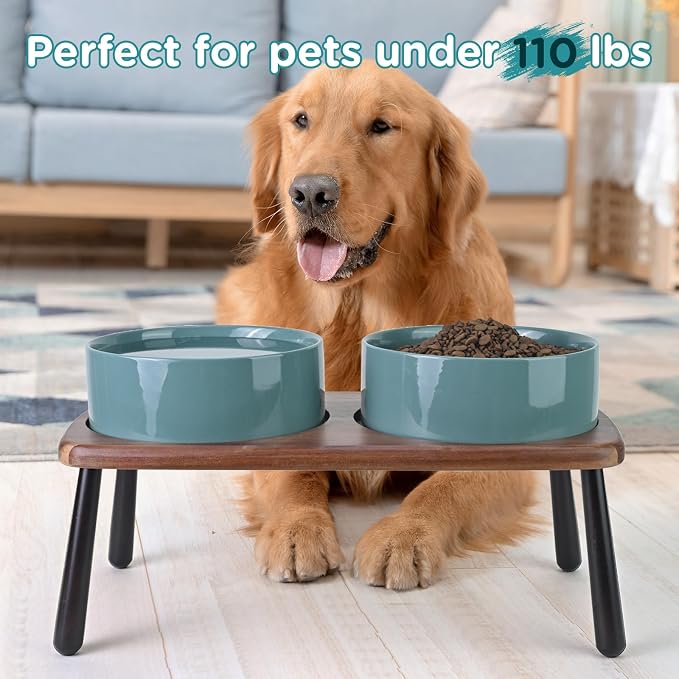 SPUNKYJUNKY Ceramic Elevated Dog Bowls Raised with Acacia Bamboo Wooden Stand, 8.3'' Dog Food Water Bowls Set Non-Slip for Medium Large Sized Breed Microwave Dishwasher Safe - 60 OZ,Dark Green