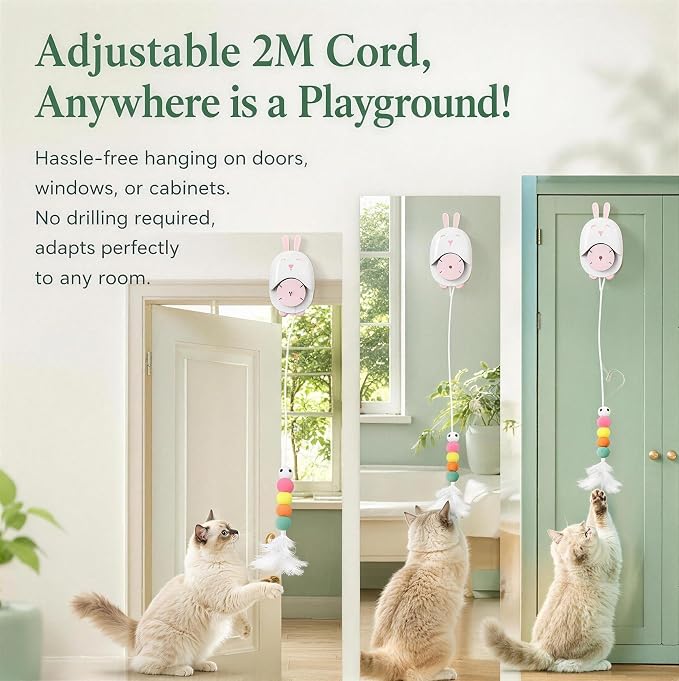 Interactive Cat Toy for Indoor Cats, Automatic Hanging Cat Toy with 5 Refill Teasers, USB-C Rechargeable Self Play Cat Toy, Door Kitten Toy for Exercise, Boredom Relief and Cat Enrichment (White)