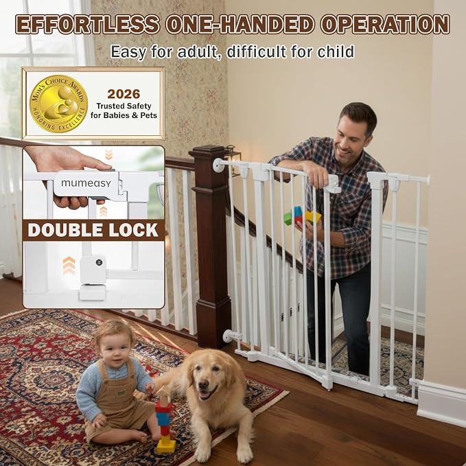 Mumeasy 126" Extra Wide Baby Gate for Doorways, Stairs & Fireplace, Indoor | Auto Close Safety Dog & Pet Gate with Walk Thru Door, Childproof Fence for Hallway Kitchen House Outdoor,5 Metal Panels,White