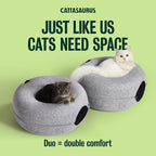 Peekaboo Cat Cave Donut for Multiple & Large Cats up to 30-45 lbs, 3-in-1 Self Warming Cat Bed, Tunnel & Scratcher for Indoor Cats, Washable & Detachable (Light Gray + Light Gray, Large)