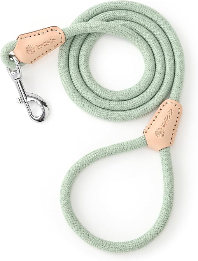 Mile High Life Green Dog Leash with Genuine Leather Connection, 4/5/6 FT | Rope Leash, Heavy Duty 360° Swivel Metal Clasp, for Small Medium & Large Dogs (Cream Green, 48 Inch)