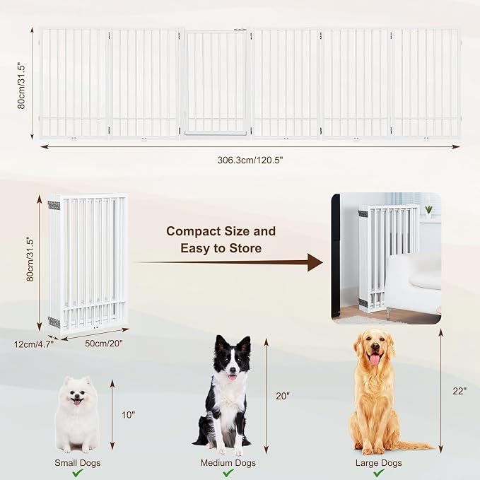 Metal Freestanding Dog Gate with Door, Extra Wide 121", 31" Height Foldable for Doorways, Tall Fence Indoor Pet Barrier for Stairs Hallways, 6 Panels, White