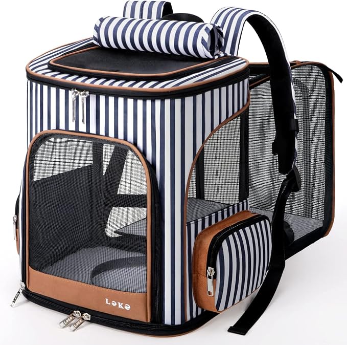 Lekereise Pet Carrier Backpack Expandable Cat Backpack Carrier for Small Dogs Large Cats Puppies, Dog Backpack Carrier for Hiking Travel Outdoor Hold Pets Up to 20 25 Lbs, Striped