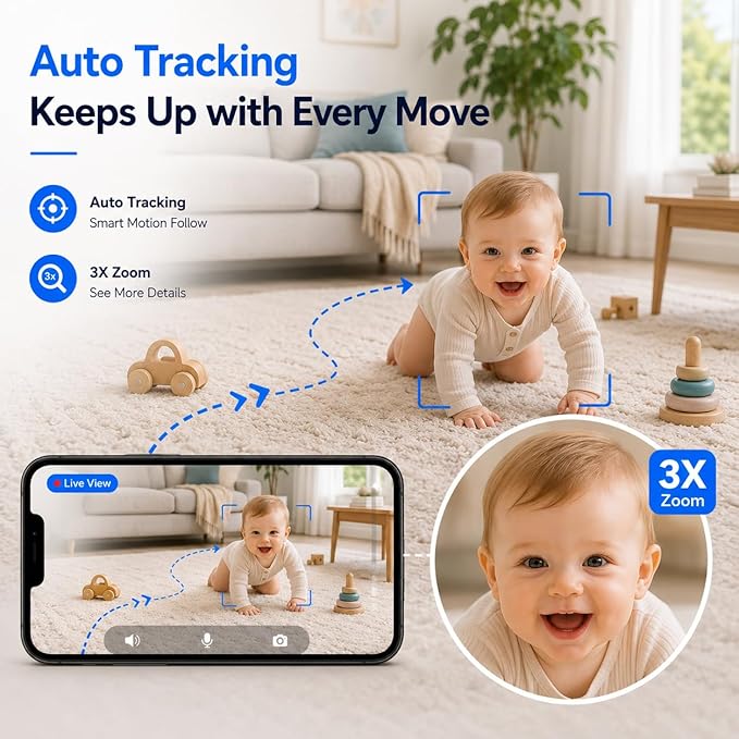 2K Indoor Security Camera, 5GHz Baby Monitor for Home, Pan Tilt | Dog Camera, 5GHz/2.4GHz WiFi, 355° Pan Tilt, Auto Tracking, 3X Zoom, Color Night Vision, Two-Way Audio, SD/Cloud