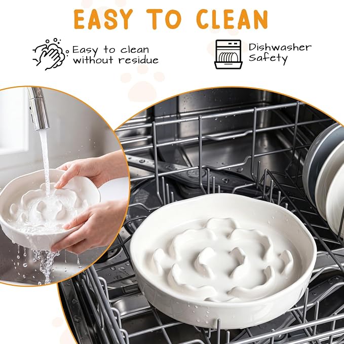 4 Set Raised Slow Feeder Cat Bowl with Stand,Flower Style,White | 5.8'' Wide, Ceramic, Elevated, Shallow Slow Eating Cat Bowl, for Dry/wet Food, Beard Friendly, Dishwasher Safe