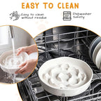 4 Set Raised Slow Feeder Cat Bowl with Stand,Flower Style,White | 5.8'' Wide, Ceramic, Elevated, Shallow Slow Eating Cat Bowl, for Dry/wet Food, Beard Friendly, Dishwasher Safe