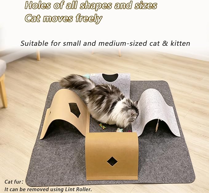 Cat Tunnel Mat for Indoor,4-Way Felt Cats Play Mat Cat Cave for Hide & Seek | Furphoria 39.4" Large Cat Activity Play Mat with 6 Pcs Toys Set Interactive Cat Enrichment for Kitten Tunnel (Grey)