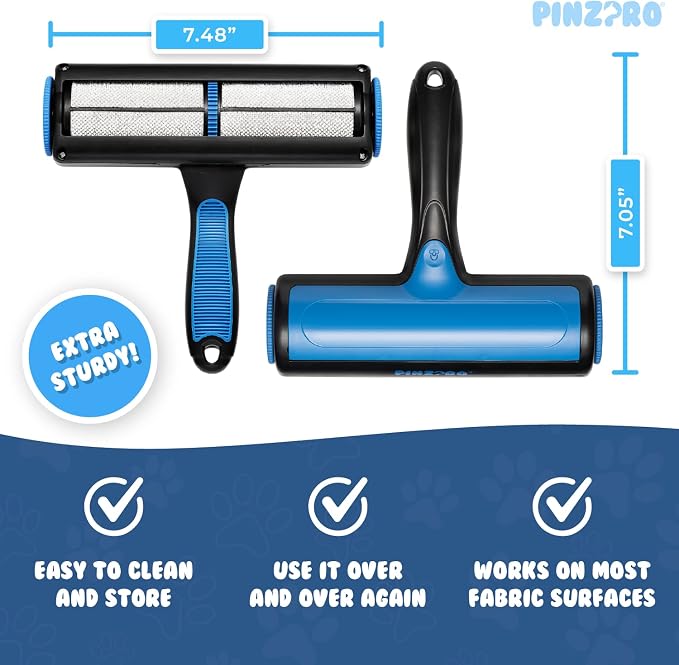 Pet Hair Remover + Bonus Mini Pet Detailing Brush - Reusable Lint Roller - Cat Hair Remover Roller - PinzPro Dog Hair Remover Set for Carpet, Couch, Bed, Car Seat.