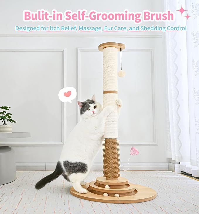 Made4Pets Tall Cat Scratching Post for Indoor Cats with Self Groomer, 33.6" | Tall Natural Sisal Scratching Post, Cat Scratcher with Stable Base and Interactive Ball Track for Adult and Large Indoor Cats