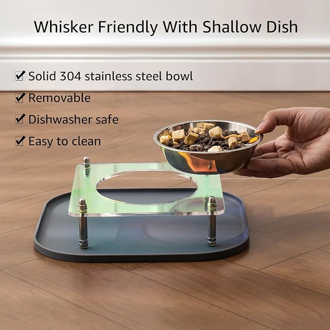 Elevated Cat Bowls with Food Mat Tilted 304 Stainless Steel Dishes for Cats | Whisker Friendly Shallow Dish, Tilted Design Anti-Vomiting, Durable Acrylic Base Feeder, Adjustable Raised Stands, Non-Slip