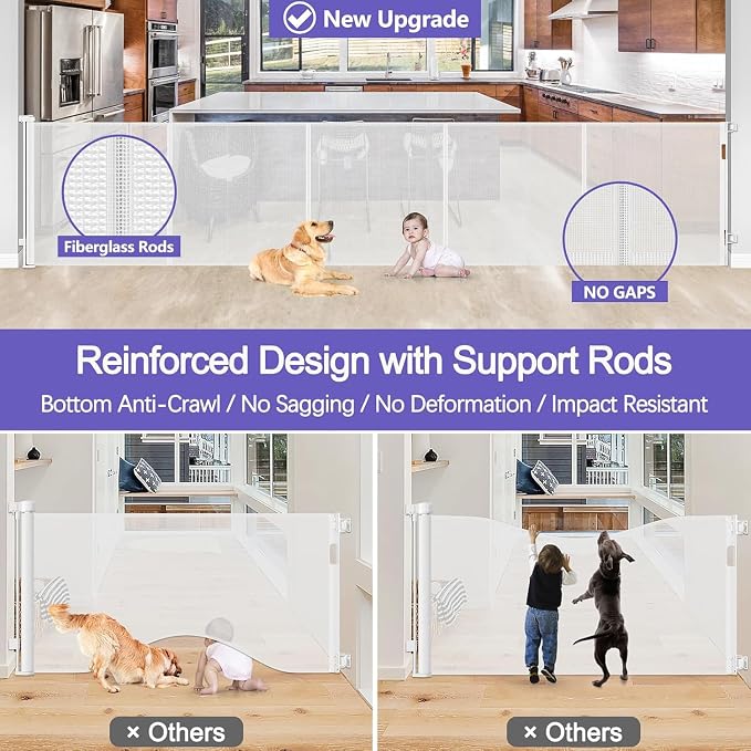 Reinforced 42" Tall Baby Gate 120" Wide Retractable Dog Gate Indoor/Outdoor | Tall Retractable Gate Prevent Crawling Under, Easy One-Hand Operation Safety Lock, Scratch-Resistant Mesh, Easy Install/White