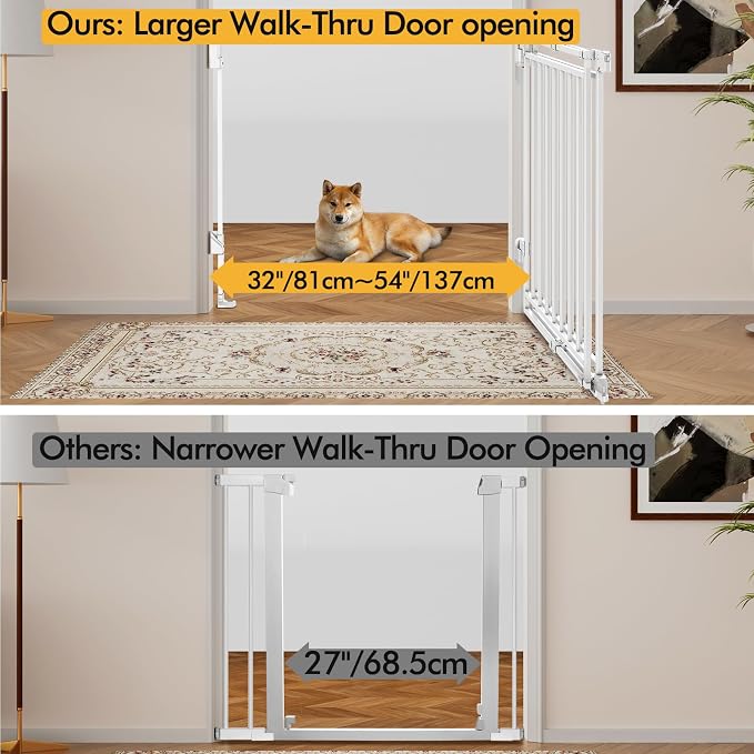 39" Extra Tall Baby&Dog Gate,32-54" Wide Hardware Mount Gate,White | Auto-Close design,Two-Way Swing, No Bottom Bar,Must Drill to Install