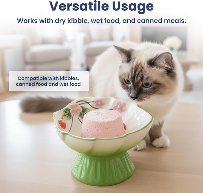 Strawberry Blooms Elevated Ceramic Cat Bowl, Green | Raised Cat Food Bowl with 15° Tilt, Whisker-Friendly Pet Feeding Bowl, Anti-Choking Dish, Dishwasher Safe