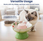 Strawberry Blooms Elevated Ceramic Cat Bowl, Green | Raised Cat Food Bowl with 15° Tilt, Whisker-Friendly Pet Feeding Bowl, Anti-Choking Dish, Dishwasher Safe
