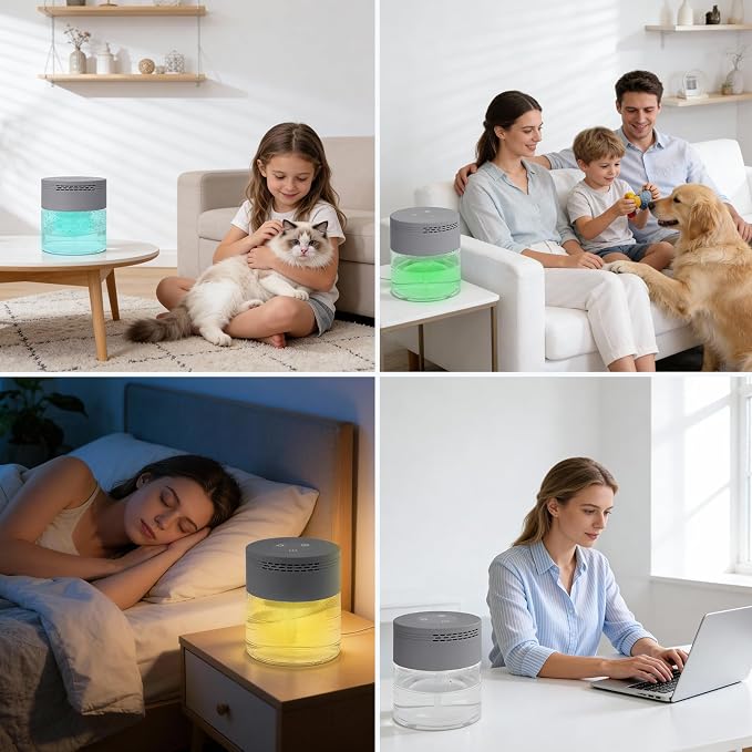 Water Air Purifier, Water Based Air Purifier for Home with 48H Auto Shut-off, 3 Speeds, Air Washer with 8 LED Night Lights, Air Freshener Revitalizer for Bedroom Office Room Pets Smoke