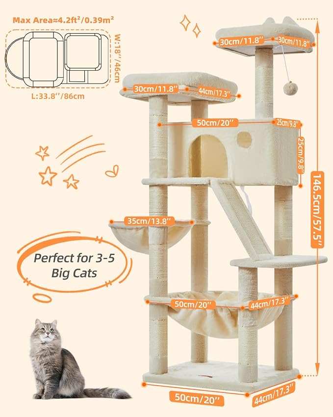 Taoqimiao Sturdy Cat Tree, 58In Cat Tower for Indoor Cats Large Adult | Spacious Cat Condo, 2 Cute Perches, Metal Frame Cozy Hammock, 1 Scratch Board, 8 Natural Sisal Posts, Basket, Beige, MS026M
