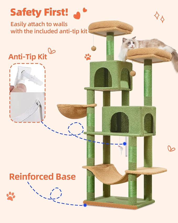 Taoqimiao Cactus Cat Tree, 66.2 in Tall Cat Tower with 2 Plush Cat Condos | 7 Scratching Posts, 2 Top Perches, Cozy Hammock & Basket, Indoor Cats, 2 Pompoms & Mouse Toy, MS013T