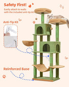 Taoqimiao Cactus Cat Tree, 66.2 in Tall Cat Tower with 2 Plush Cat Condos | 7 Scratching Posts, 2 Top Perches, Cozy Hammock & Basket, Indoor Cats, 2 Pompoms & Mouse Toy, MS013T