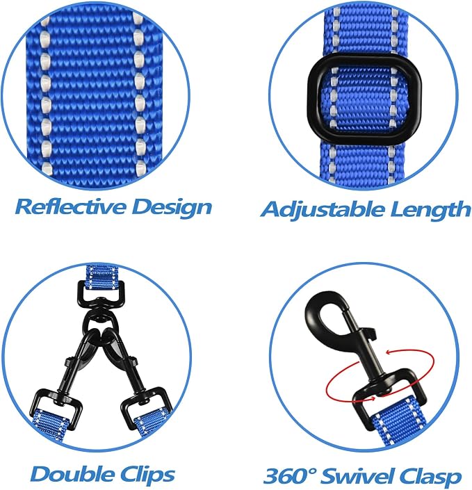 PetBonus Double Dog Leash, No Tangle Dual Leash, Reflective Walking Training Lead, 4 Comfortable Padded Handles for 2 Dogs with Collapsible Bowl and Waste Bags (Blue, Large) | 4 Comfortable Padded Handles, Adjustable, Reflective, For Two Large Medium D...