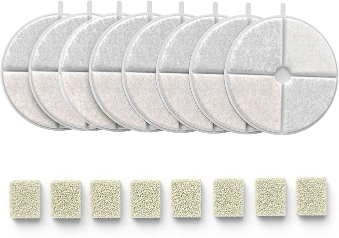 Cat Water Fountain Filter,8 Pack FS30PRO Cat Fountain Filter Replacement, 8 PCS Filters & 8 PCS Sponge Set for Stainless Steel Cat Dispenser