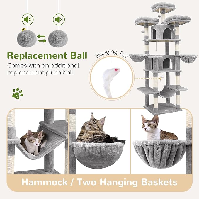 Globlazer Big Cat Tower for Indoor Cats, 80inch Cat Tower for Multiple Adult Cats XXL Cat Tree with Scratching Post, Hammock, 3 Perches, 2 Condos, 2 Hanging Basket, F80, Light Grey