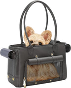 Minsong Fashion Pet Carrier Purse for Small Cat and Dog, Luxury Pu Soft-Sided Tote Bag with Large Pockets for Dogs and Puppies (Black, 13.6" L x 6" W x 10.0" H)