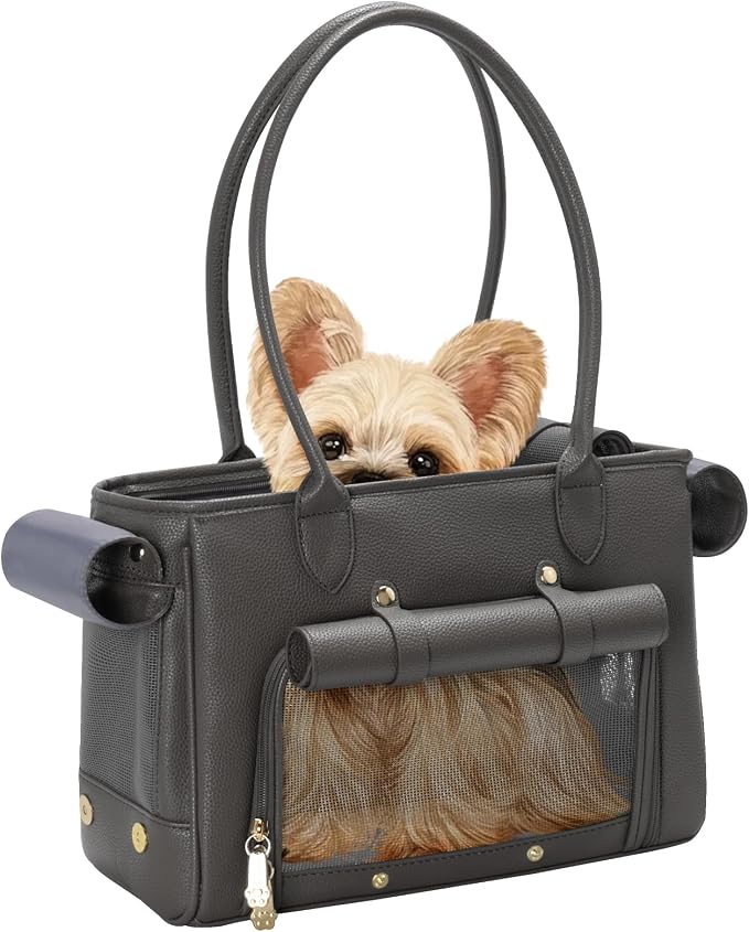Minsong Fashion Pet Carrier Purse for Small Cat and Dog, Luxury Pu Soft-Sided Tote Bag with Large Pockets for Dogs and Puppies (Black, 13.6" L x 6" W x 10.0" H)