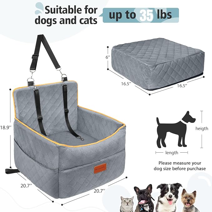 HEGGCOOE Dog Car Seat for Small Medium Dogs, Memory Foam Puppy Dog Booster Seat with Thick Cushion for Dogs Under 35lbs, Detachable Washable Pet Car Seat Travel Bed with Storage Pockets,2 Safety Belts