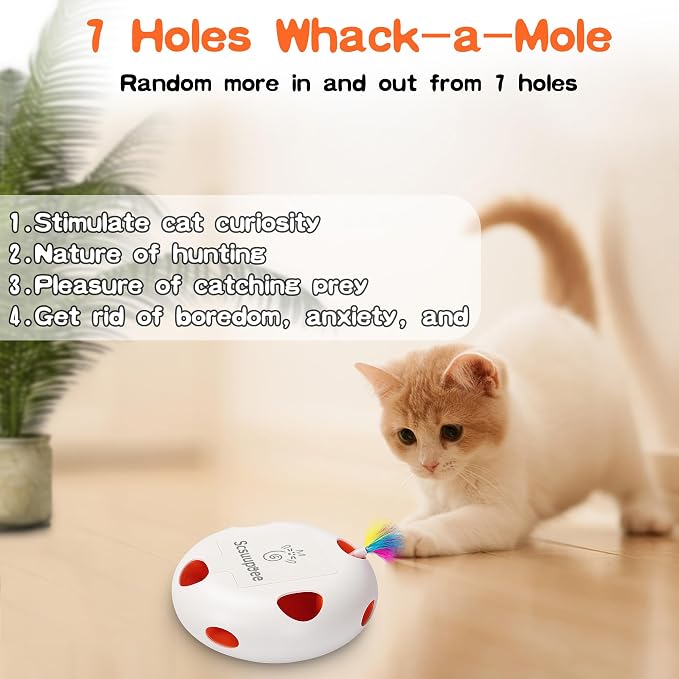 Cat Toys, Rechargeable Interactive Cat Toy, Smart Sensor Pop-Up Feather Toy with 7 Holes, USB Powered Automatic Kitten Toy for Indoor Cats, White | Smart Sensor Pop-Up Feather Toy with 7 Holes USB Powered Automatic Kitten Toy for Indoor Cats