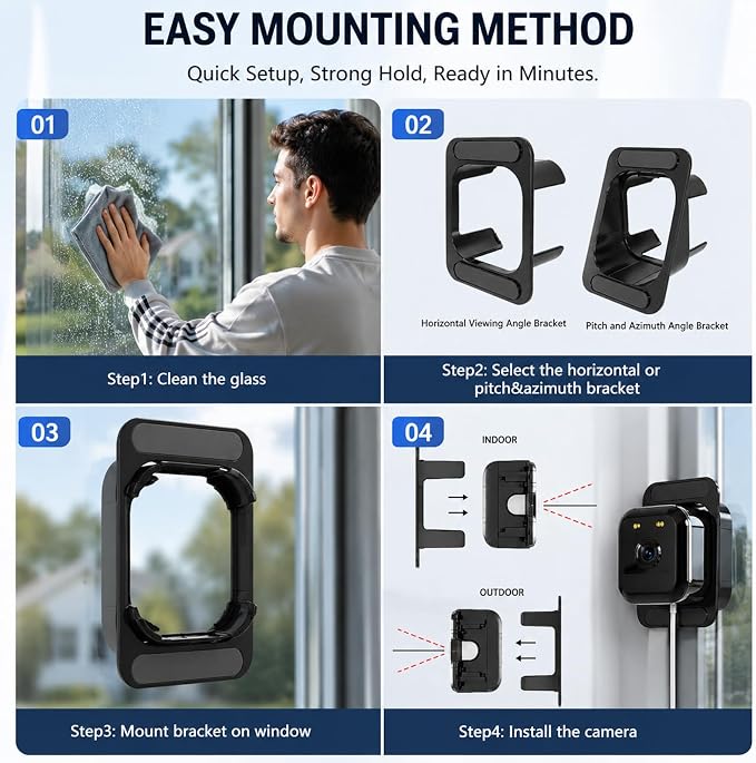 Window Camera 3MP 2K Indoor for Home Security, Color Night Vision - 1Pack | No Drilling See Outside from Inside Through Glass, 2.4GHz & 5GHz WiFi, AI Person Detection, Anti-Reflection Design