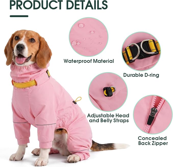 Kouser Waterproof Full-Body Coverage Dog Raincoat, Pink S | Dog Raincoat with Reflective Stripes, Adjustable Dog Rain Jacket with Leash D-Ring, Hooded Poncho for Small Medium Large Dogs